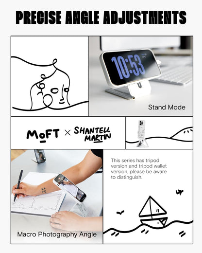 MOFT x Shantell Martin Phone Tripod Stand Selfie Stick for iPhone, Multi-Angles iPhone Stand, Lightweight & Portable Phone Holder, Strong Magnets, MOVAS Vegan Leather, Misty Cove (Without Card Slot)