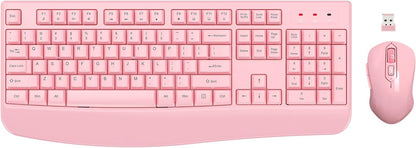 Wireless Keyboard and Mouse Combo, EDJO 2.4G Full-Sized Ergonomic Computer Keyboard with Wrist Rest and 3 Level DPI Adjustable Wireless Mouse for Windows, Mac OS Desktop/Laptop/PC (Pink)