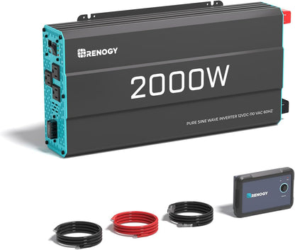 Renogy Inverter P2 2000 watt Pure Sine Wave Inverter, Solar Car Power Inverter 12V to 120V AC Converter for RV, Truck, Camping, Home Backup, Outdoor, Emergency, Off-Grid Living, 16.4FT Remote Control