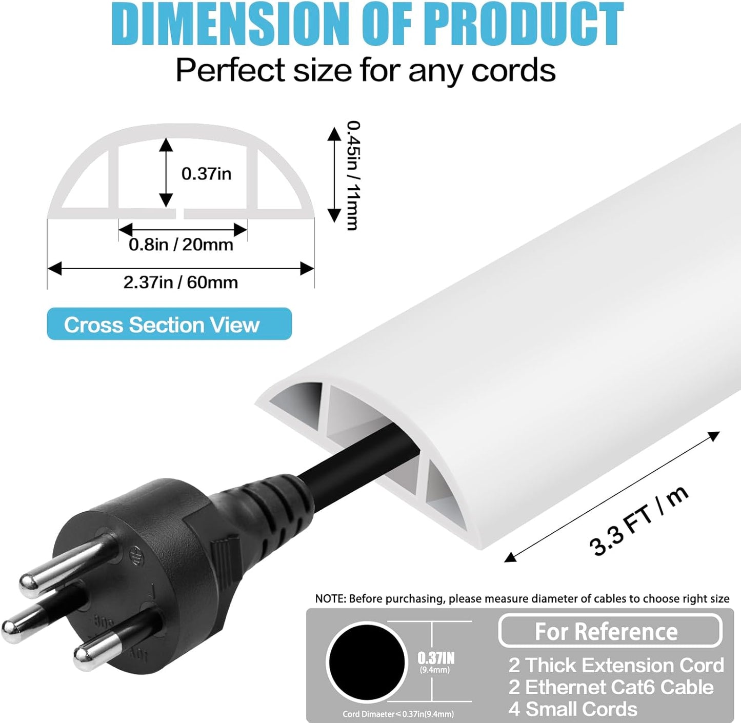 Floor Cord Cover Cavity 0.8"x0.37" Self Adhesive Cord Hider, 3.3FT Low Profile Cable Management, Extension Strip Protector for Wires, Prevent Cable Trips for Offices, Gyms, Exhibitions (White)