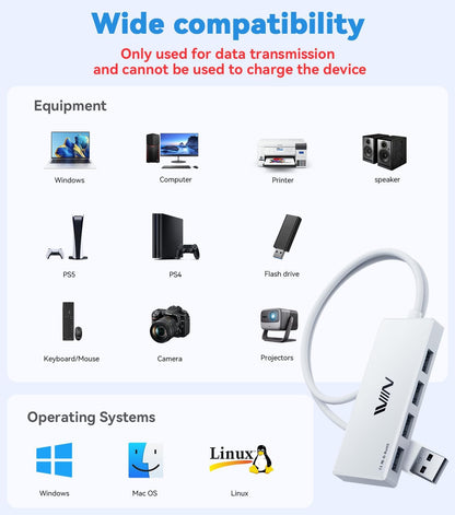 USB 3.0 Hub,4 Port USB Splitter Extender Portable Adapter Multiport Data Hub for Laptop,Xbox, Flash Drive,HDD,Console,Camera,Keyborad,Mouse Windows,Mac OS PC,Not Designed to Charge Devices-White