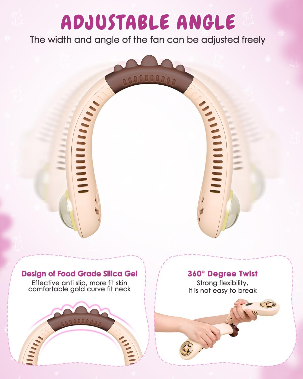 Neck Fan for Kids,Bladeless Portable Fan Rechargeable for 4-14Y Girls & Boys, 2400mAh USB Personal Cooling Mini Fan Rechargeable for Travel/Disney/Camping, 3 Speeds, Summer Essentials(Beige)