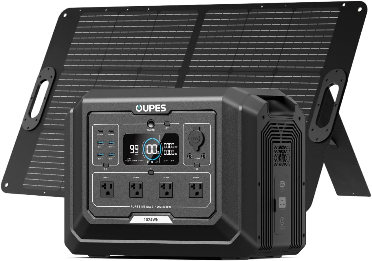 OUPES Mega 1 Solar Generator with Panels Included, 2000W Power Station + 100W Panel, 1024Wh LiFePO4 Battery, Expandable to 5120Wh, APP Control, <20ms UPS for RV, Camping & Home Backup
