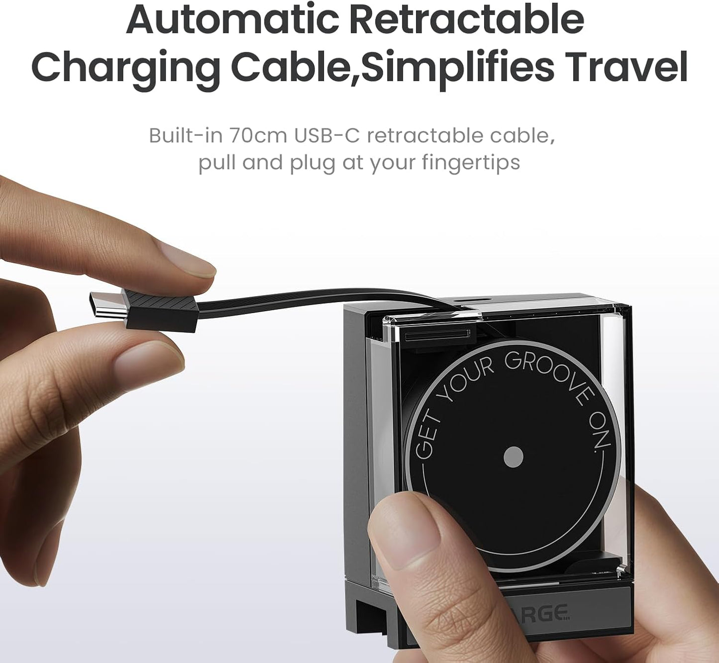 Retractable 65W USB C Charger, GaN Power Wall Charger with Retractable Cable, 2 Devices PD Fast Charging for MacBook Pro/Air, iPhone 16,Pixel Book, iPad Pro Black