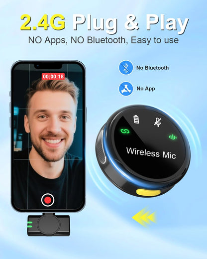 J7 Wireless Lavalier Microphone for iPhone, iPad and Android(Lightning/USB C), Mini Microphones 30 H Battery Life, 2 Pack Round Mini Mics for Video Recording YouTube TikTok Content Creator