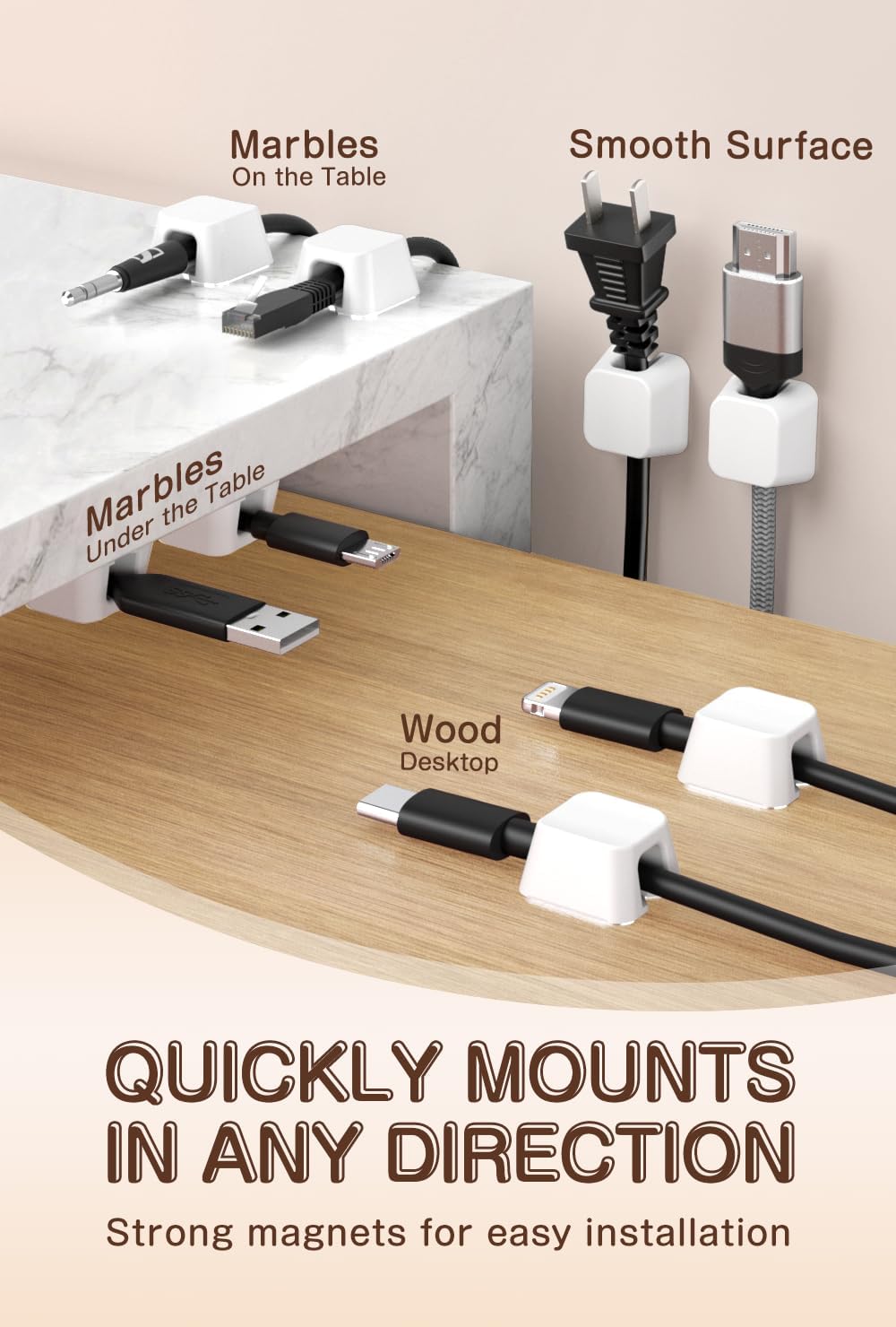 Maveek Magnetic Cable Clips, 5 Pack Square Cord Organizer with Magnets and Metal Plates, Silicone Cable Holders for USB C, HDMI, Ethernet, Charging Cords – Desk, Wall, Office & Car Use (White)