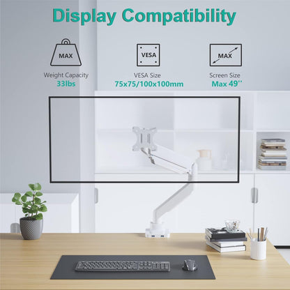 WALI Ultrawide Monitor Arm for 13 to 49 Inch Heavy Duty Curved Screens, Adjustable Gas Spring Single Monitor Desk Mount with 2 USB 3.0 Ports, Holds 33 lbs, 75x75/100x100 VESA, White (GSMU001-W)
