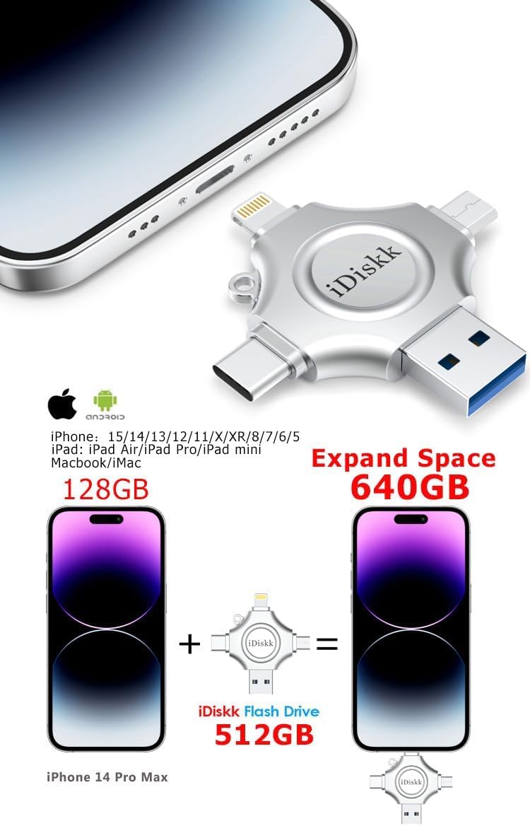 iDiskk App-le MFI Certified 512GB,Flash Drive for iPhone Photo Stick,for iPhone 17/16/15,Flash Drive for Photos and Videos,iPhone USB Storage,Photo Stick, for iPad Android Samsung (4 in 1)