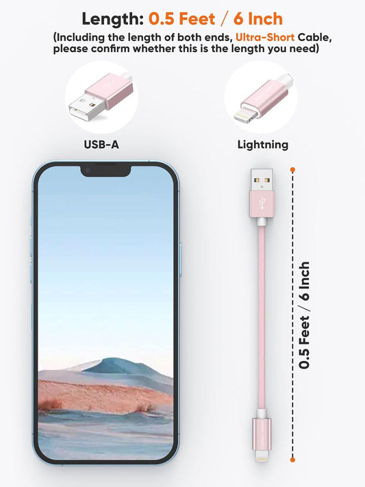 CableCreation USB A to Lightning Cable 6inch, Short iPhone Charging Data Sync Cord [MFi Certified] for iPhone 14/14 Pro, AirPods Pro, iPad, 0.15M, Pink