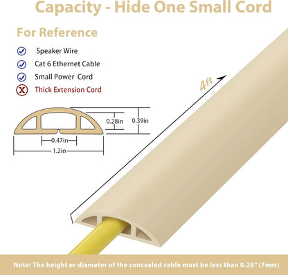 ZhiYo 4ft Cord Hider Floor for 1 Small Wire, Soft PVC Cord Covers for Wires on Floor, Wire Cover to Hide Power Cords, Cable Cover Protect Cords, Cable Cavity: W0.47in x H0.28in Ivory Beige