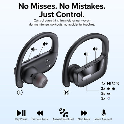 OCC Wireless Ear Hook Sport Earbuds, Bluetooth Headphones with Mic, IPX5 Waterproof, 80H Playtime, Deep Bass, Secure Fit for Running Gym Workout - Black