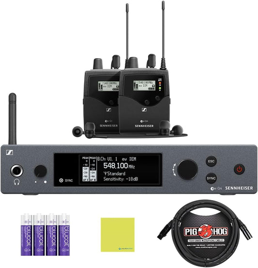 Liquid Audio Sennheiser ew IEM G4-Twin-A Wireless in-Ear Monitoring System Bundle w/Pig Hog PHM10 8mm Mic Cable, 4-Pack Blucoil AA Batteries Polishing Cloth