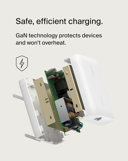 Belkin 4-Port USB C Charger Block 200W - GaN Multi-Port Charger USB-C PD 3.1 Fast Charge + 5ft Power Cord - MacBook, iPhone 16, iPad, Galaxy S25, Google Pixel, Nintendo Switch 2 - White