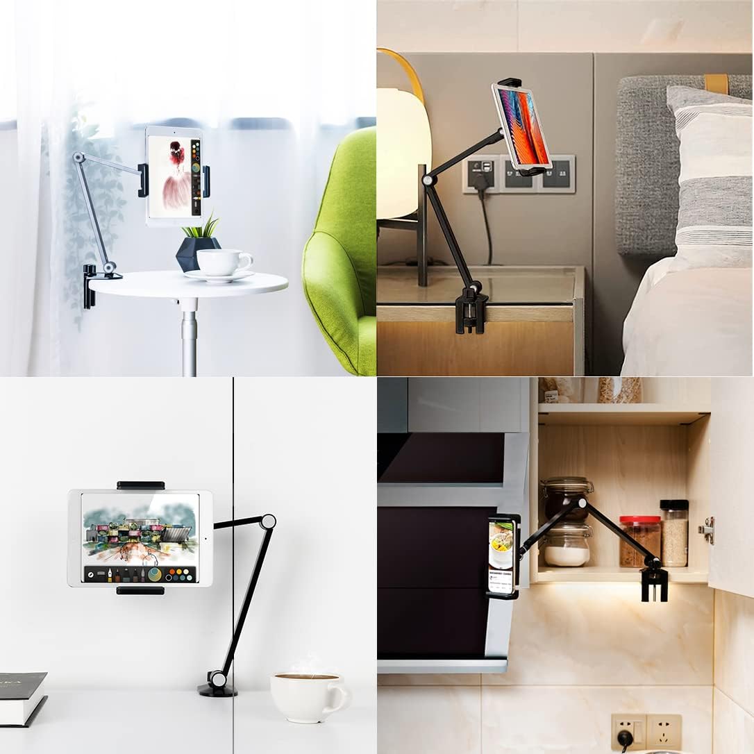 iPad Desk Mount, Adjustable Tablet Holder Clamp, 360 degree Rotation, Sturdy Aluminum Tablet Arm Mount for 4.7"-13" iPad Pro/Air/Mini, iPhone, Galaxy Tab, for Kitchen, Work, Video Call(Black)
