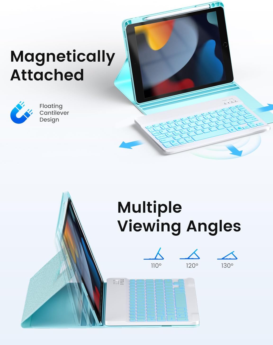 OYEEICE for iPad 9th Generation Case with Keyboard - Detachable Backlit Keyboard - Rotatable Cover with Pencil Holder for iPad 9th/8th/7th Gen, iPad Air 3rd Gen & iPad Pro 10.5" - Blue