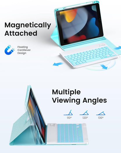 OYEEICE for iPad 9th Generation Case with Keyboard - Detachable Backlit Keyboard - Rotatable Cover with Pencil Holder for iPad 9th/8th/7th Gen, iPad Air 3rd Gen & iPad Pro 10.5" - Blue
