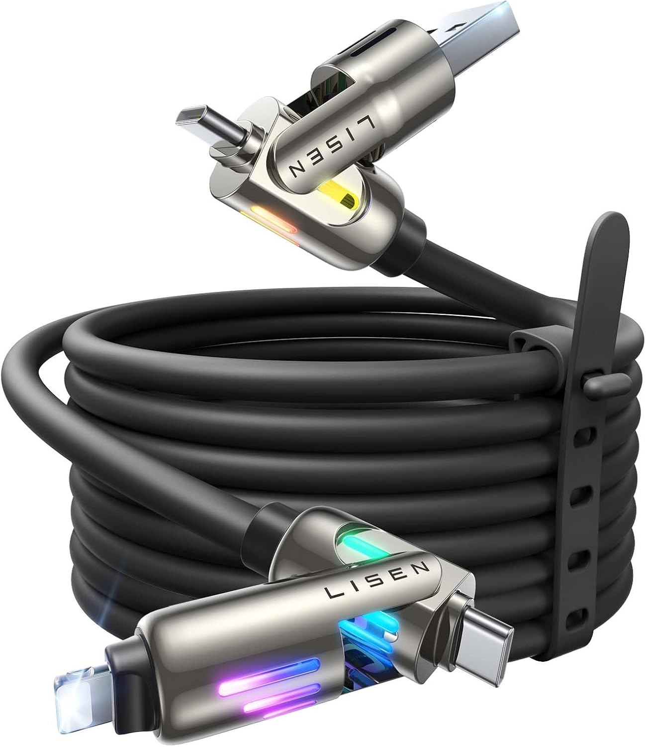 LISEN USB C to Lightning Cable, 240W 4 in 1 Charging Cable 10FT, Chubby USB A/C to C/Lightning with Light for iPhone 16e 16 15 14 Pro/MacBook/iPad/Samsung S25/Switch, Multi Chargers for All Devices