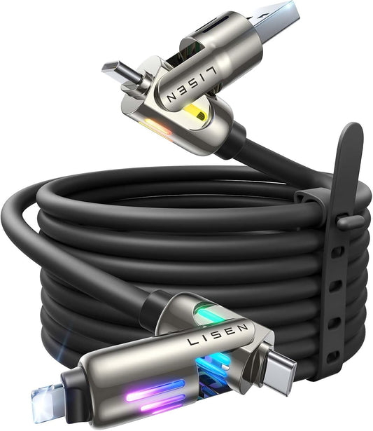 LISEN USB C to Lightning Cable, 240W 4 in 1 Charging Cable 10FT, Chubby USB A/C to C/Lightning with Light for iPhone 16e 16 15 14 Pro/MacBook/iPad/Samsung S25/Switch, Multi Chargers for All Devices