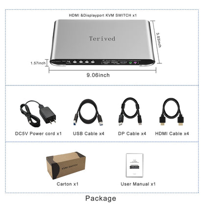4 Computers 2 Monitors Automatic KVM Switch, HDMI 4k@60Hz + DP 8K 30Hz 4K@144Hz, Aluminum Alloy Shell, Digital Display, Audio/Microphone, hotkey, HDR10 with Cables