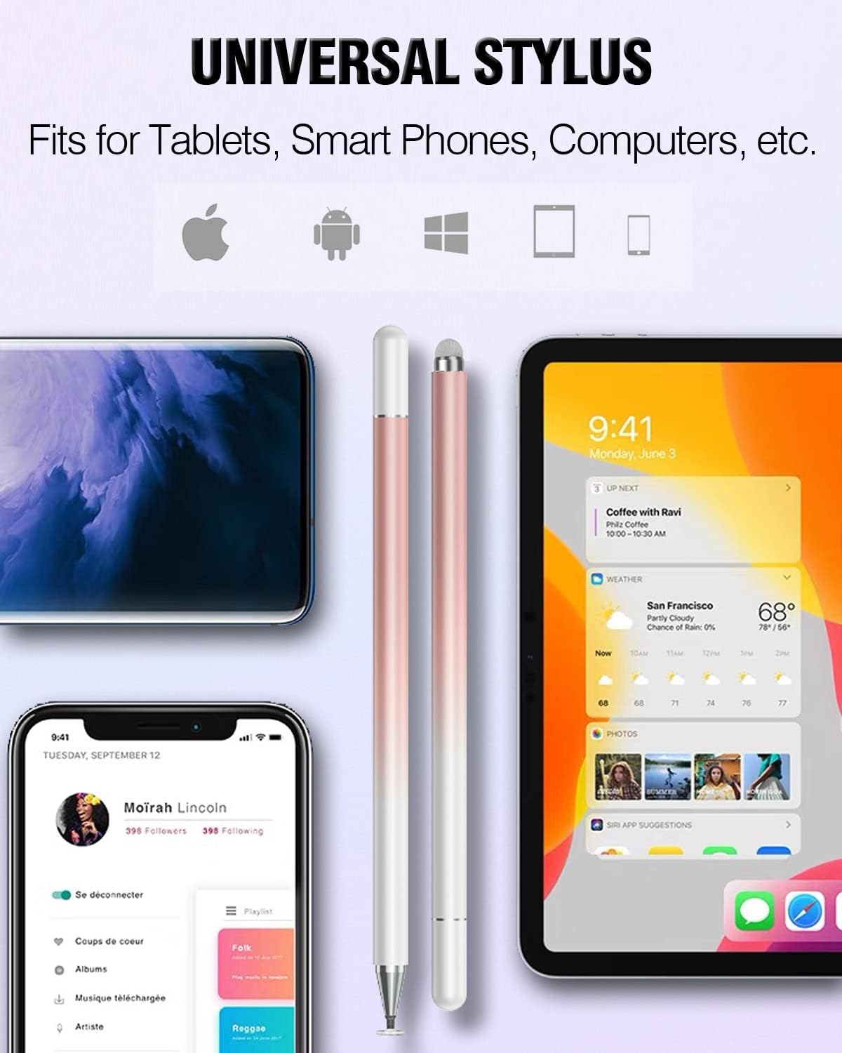 Stylus Pens for Touch Screens, 2 in 1 High Precision Universal Stylus Pen for iPad Compatible with Apple, iPhone, iPad, Android, Samsung Tablets, Phones, 3 Pack -Blue, Green, Pink