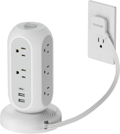 Surge Protector Power Strip Tower, TESSAN 5 FT Retractable Extension Cord with Multiple Outlets, 11 Outlets with 3 USB (1 USB C) Charging Station, 1050J, Office Desk Supplies, Dorm Essentials