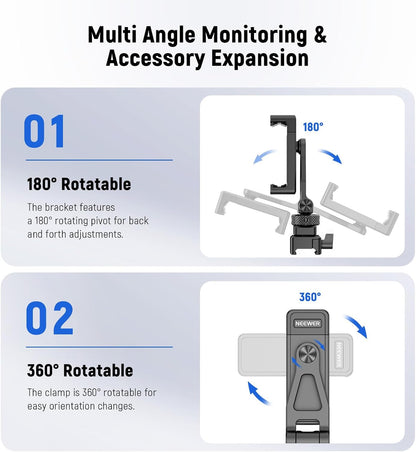 Neewer Metal Phone Tripod Mount with Cold Shoe Mount NATO Clamp Compatible with DJI RS4 RS3 Pro RS2 RSC2 Gimbal Stabilizer, 180° Tilt Phone Clip Holder Compatible with iPhone 15 Pro Camera Cage, GA010