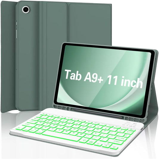 Keyboard Case for Samsung Galaxy Tab A9 Plus 5G 11 inch 2023 (SM-X210/X216/X218), 7 Color Backlit Detachable Keyboard Bluetooth, Smart Folio Cover with S Pen Holder for Galaxy Tab A9+ 11"(Dark Green)