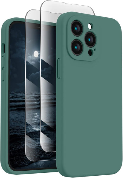 FireNova Designed for iPhone 13 Pro Max Case, Silicone [Camera Protection] Phone Case with [2 Screen Protectors], Soft Anti-Scratch Microfiber Lining Inside, 6.7 inch, Midnight Green