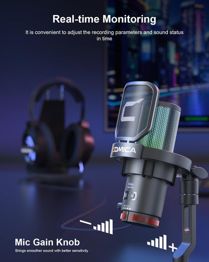 COMICA Ejoy Uni(D) USB Gaming Microphone with Noise Cancellation, RGB Lights, Monitoring, Muting, Streaming Mic for Computer, PS5, PS4, Streaming, Podcast, Chat, Twitch, YouTube, Discord