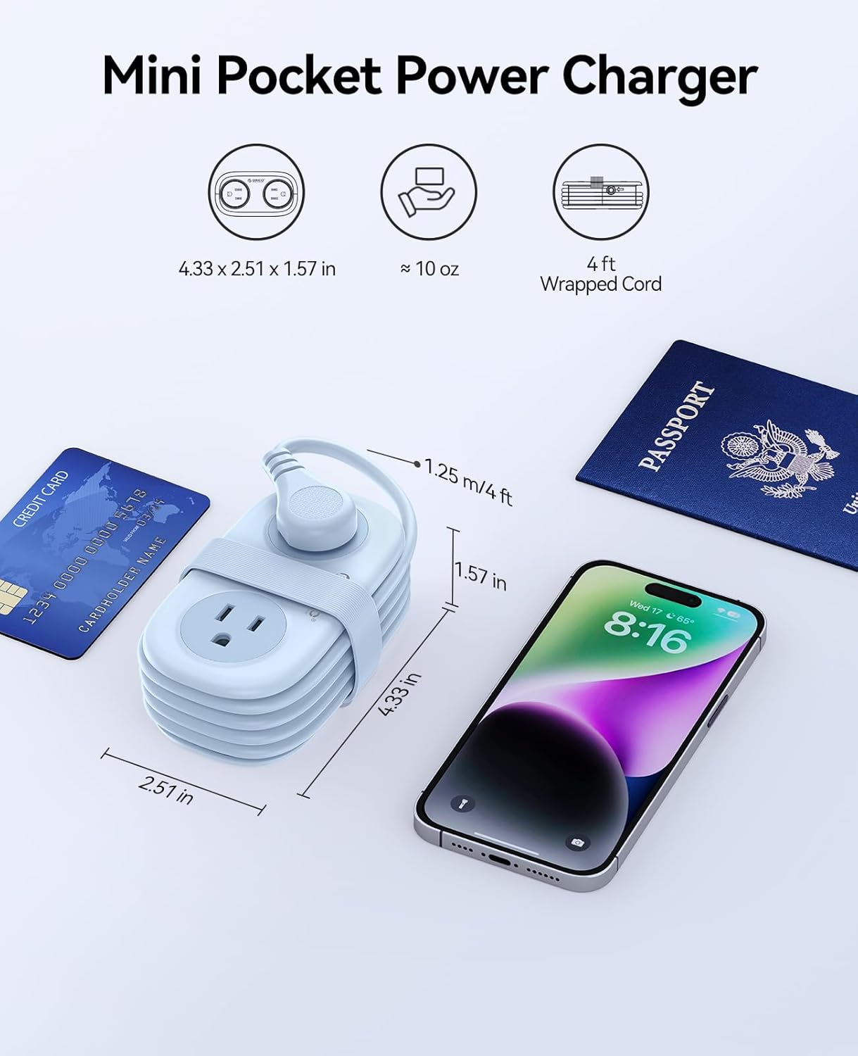 ORICO Blue Travel Power Strip PD20W with 4 AC Outlets 3 USB Ports (1 USB-C), 4FT Flat Plug Extension Cord, Compact Portable Design for Business Travel, Cruise Ship Essentials-AP3