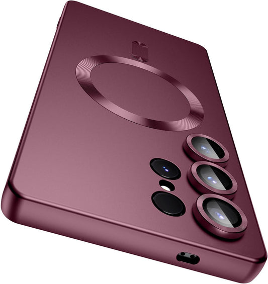 Magnetic for Samsung Galaxy S25 Ultra Case [Compatible with MagSafe][Built-in Camera Lens Protector] Slim Soft Silicone Bumper Shockproof Metallic Luster Phone Shell (Burgundy)