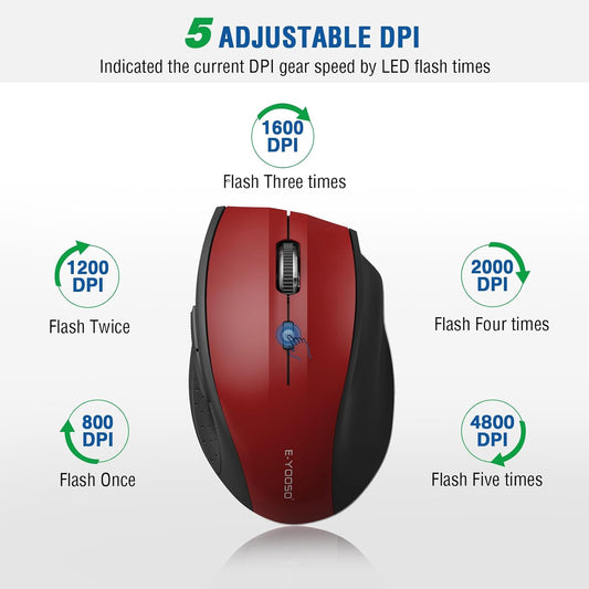 E-YOOSO Wireless Mouse for Laptop, Portable Optical Computer Mouse, 6 Buttons, Cordless 2.4GHz with USB Receiver, 5-Level 4800 DPI, 18 Months Battery Life, for PC, Chromebook, Windows, Mac(Red)