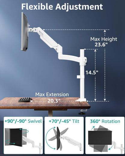 Single Monitor Mount Arm, VESA Desk Mount Stand for 13-32 inch Computer Screen up to 22 lbs, Adjustable Height Tall Monitor Arm with Tilt Swivel Rotation, VESA 75 100mm, White, Freelift