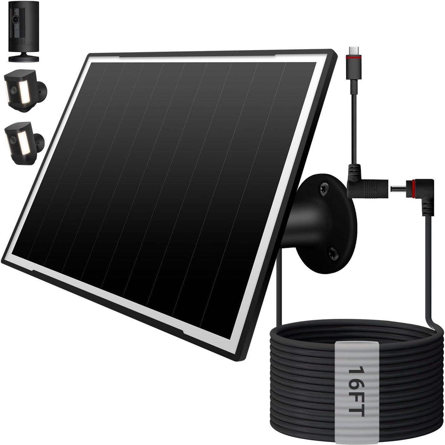 Solar Panel for Ring Camera, 8W High - Efficiency Solar Charger, Compatible with Stick Up Cam & Spotlight Cam (Battery) - Waterproof, 16ft Long Cable, USB-C & DC5V Ports, Sleek Black Finish