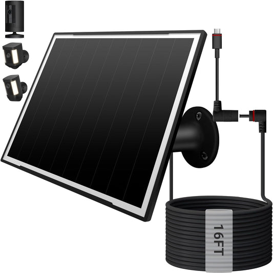 Solar Panel for Ring Camera, 8W High - Efficiency Solar Charger, Compatible with Stick Up Cam & Spotlight Cam (Battery) - Waterproof, 16ft Long Cable, USB-C & DC5V Ports, Sleek Black Finish