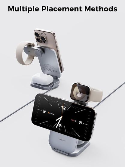 MagFusion Z 3-in-1 Charging Station Compatible with MagSafe, Qi2 Certified 15W Wireless Foldable Charger, for iPhone 16/15/14/13/12, AirPods 4/3/2/Pro, Apple Watch Charger, Silver