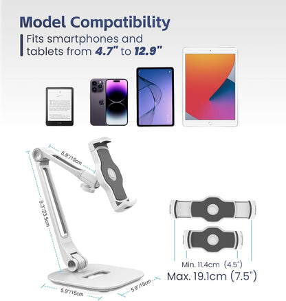 Tablet Stand Universal Holder for 4.9" - 12.9" Devices, 360° Rotating Security Stand for iPad, iPad Air, Samsung, Height Adjustable Foldable Table Top (White)