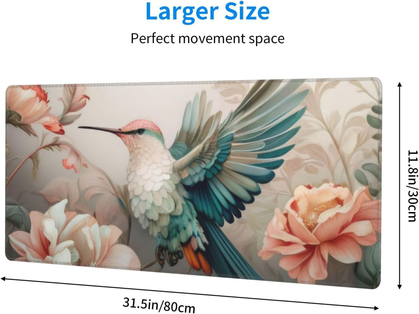 Gaming Mouse Pad, Large Non-Slip Rubber Base Mousepad, Keyboard Mouse Mat, Desk Pad with Stitched Edges, 31.5x11.8inch, Art Bird Flower