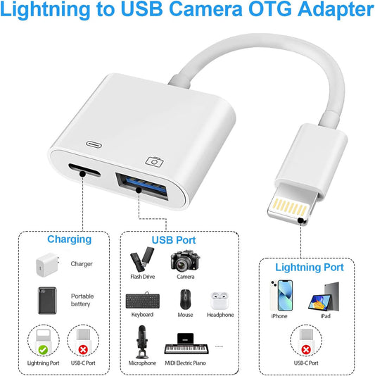 Lightning to USB Camera Adapter for iPhone, [Apple MFi Certified] USB3.0 Female Adapter for iPad with Charging Port, Plug and Play OTG Converter Support Card Reader USB Flash Drives Keyboard