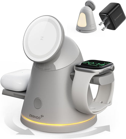 ZEEHOO 4 in 1 Wireless Charging Station for Apple,Mag-Safe Charger&Dimmable Light,Qi2 15W Rotating Fast Wireless Charger for iPhone 16,15,14,13,12&Pixel 10&iWatch&Samsung Watch&AirPods(30W Adapter)
