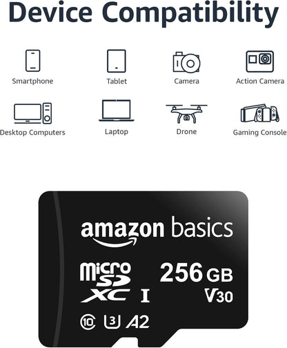 Amazon Basics Micro SDXC Memory Card with Full Size Adapter, A2, U3, Read Speed up to 100 MB/s, 256 GB, Black