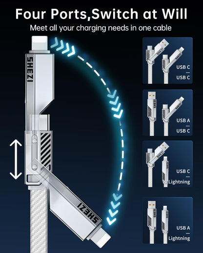 SHEZI [Upgraded 2.0] 4-in-1 USB C Cable 60W 5FT Fast Charging [480Mbps Data Sync] Flat Nylon Braided Charger Cord Combo, USB A/C to C/L Multi Charge Cable for iPhone/iPad & Most Devices, Silver