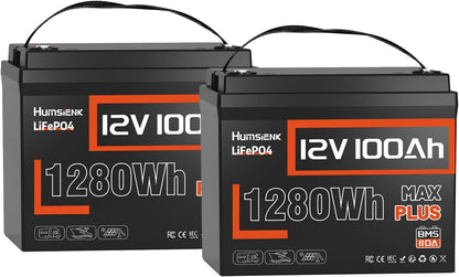 12V 100Ah LiFePO4 Lithium Battery MAX PLUS(2 Pack) - 1280Wh Each, Built-in 110A BMS, 15000+ Deep Cycles, A+ EV Grade Cells, Ideal for RV, Solar, Marine, Off-Grid