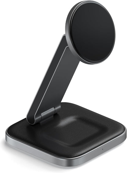 Satechi 2 in 1 Wireless Charger, Qi2 15W Dual Wireless Charger Stand, Magnetic, Foldable Travel Charger Station for iPhone 16/15/14/13/12, and AirPods Pro/3/2