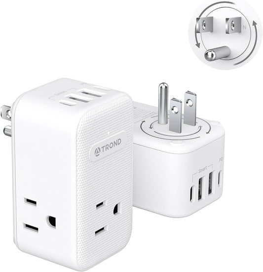 TROND Multi Plug Outlet Extender 2 Pack, 3 Way Outlet Splitter with 360 Rotating Plug, PD 20W USB C Charger Station, Sideways Adapter for Kitchen Bathroom Cruise Ship Travel Essentials