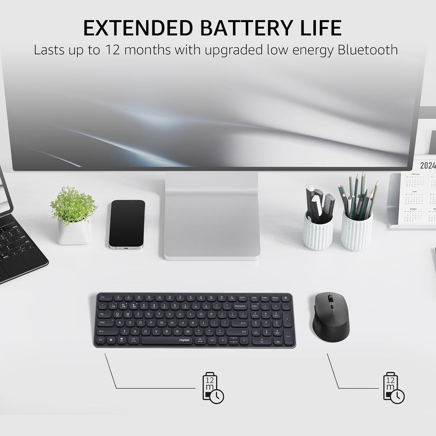 Rapoo 9360M Wireless Keyboard and Mouse Combo, Blade-Series E9310M 99-Key Ultra-Thin Keyboard and M300G Silent Mouse, Support 4 Devices, Quiet, Compact, Battery Powered, for Windows/Mac/Linux/Chrome