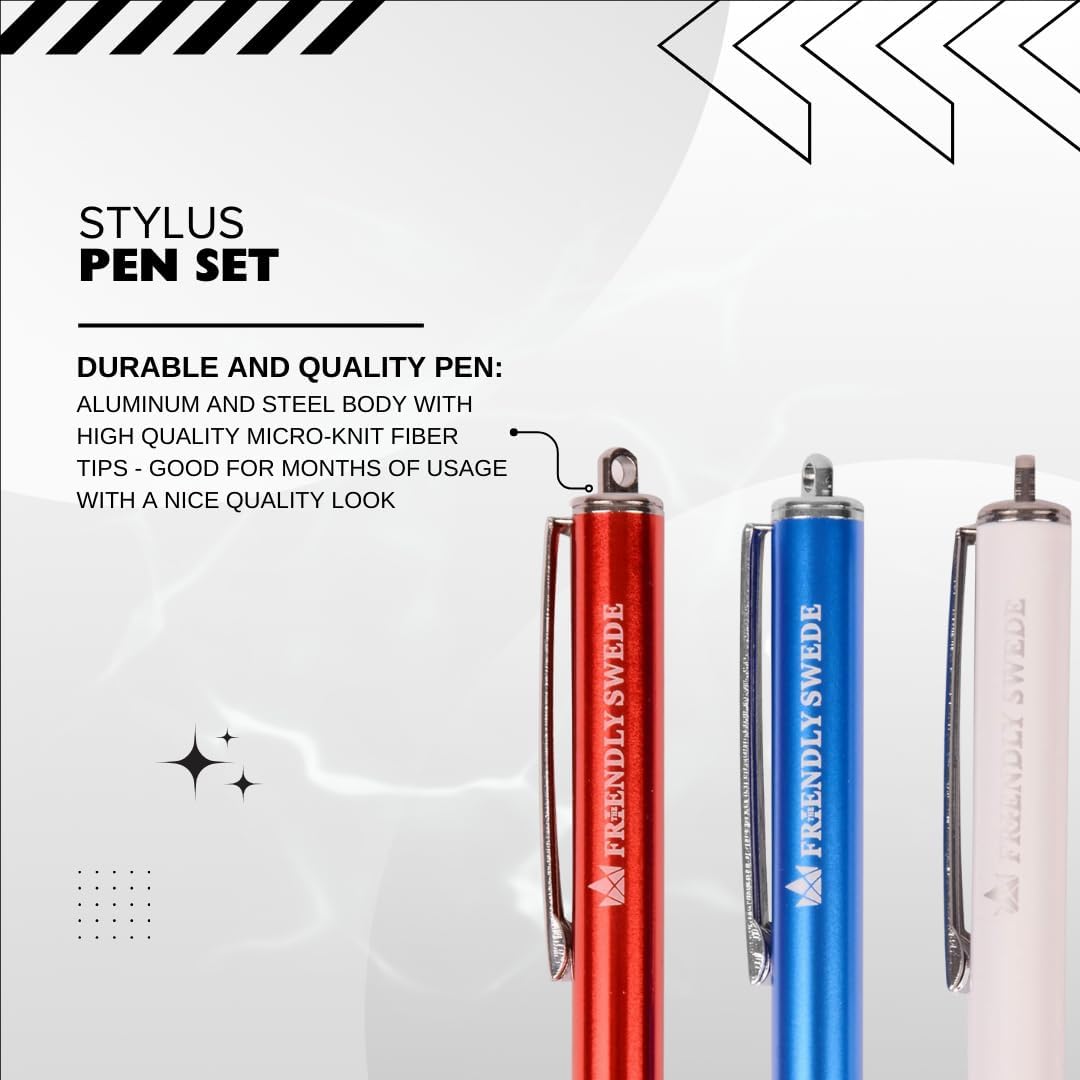The Friendly Swede Mesh Tip Stylus Pen for Touchscreen — 3-Pack Micro-Knit Capacitive Stylus Pen for iPad & iPhone with 3 Replaceable Fiber Tips, Elastic Lanyards & Screen Cleaning Cloth