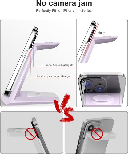 Wireless Charging Station for iPhone - ADADPU 3 in 1 Charger Stand for iPhone 16 15 14 13 12 11 Pro Max XR XS 8 Plus, Wireless Charging Dock for Apple Watch 8/7/SE/6/5/4/3/2, AirPods Pro/3/2 (Purple)
