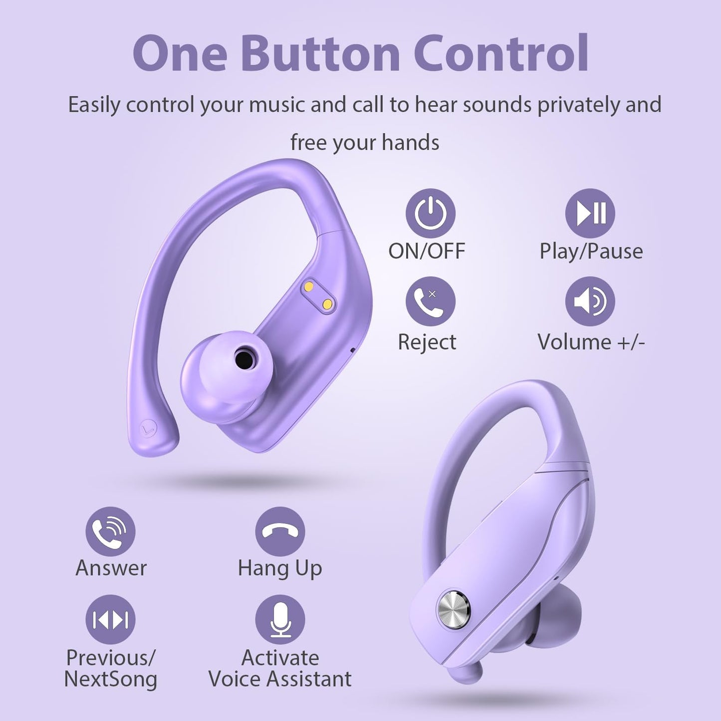 bmanl Wireless Earbuds Bluetooth Headphones 48hrs Play Back Sport Earphones with LED Display Over-Ear Buds with Earhooks Built-in Mic Headset for Workout Purple