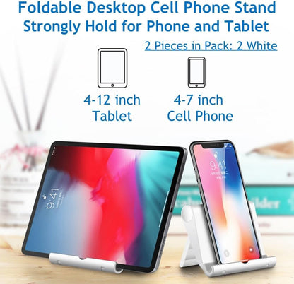 Cell Phone Stand for Desk 2 Pack Mobile Phone Holders Desktop Tablet Stand, Foldable Phone Dock Universal Adjustable Tablet Stand for Desk Compatible with Cell Phone Support (White 2 PCS)